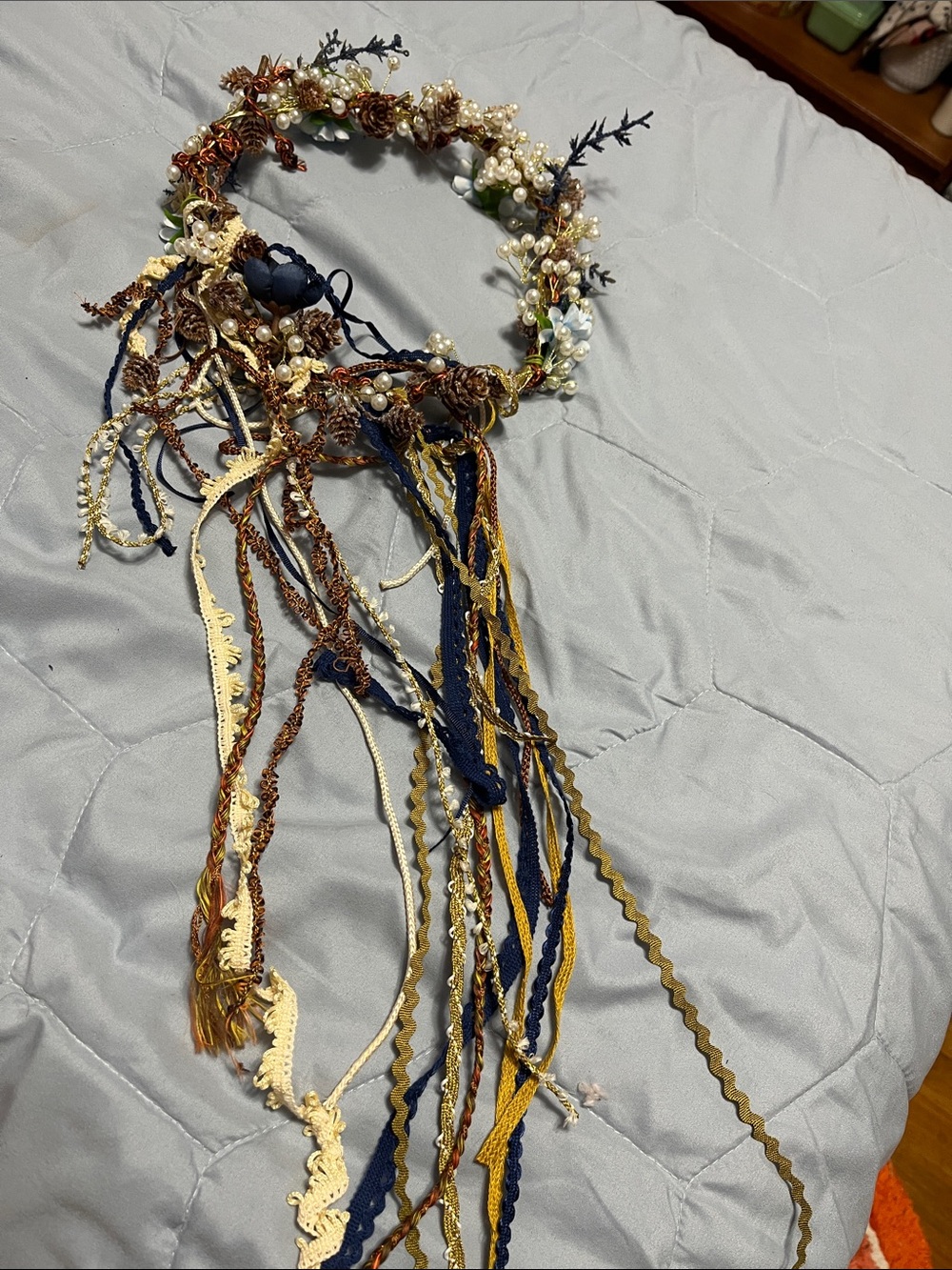 Boho Pearl & Ribbon Flower Crown Headpiece in Navy, Cream & Gold
